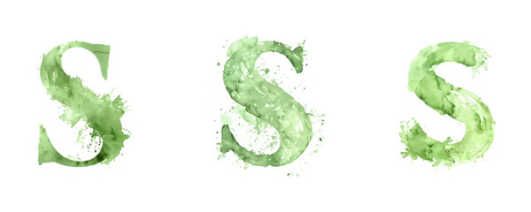 Ai Generated Art Watercolor Set of Multiple Different Pastel Sage Green Capital S Letters On a White Background