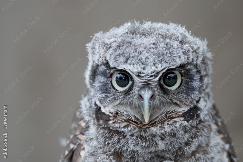 Poster close up of an owl with frost on its head. suitable for winter themes