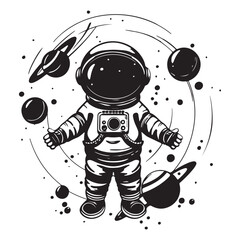 Astronaut with planets around vector design on white background