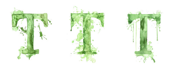 Ai Generated Art Watercolor Set of Multiple Different Pastel Sage Green Capital T Letters On a White Background