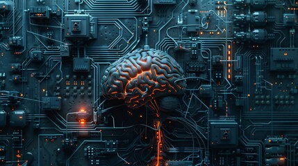 Glowing cybernetic brain at the center of the circuit board represents the future of artificial intelligence