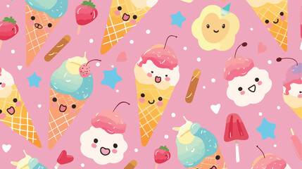 Cute kawaii ice cream seamless pattern with geometric