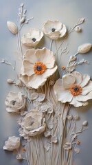 Fototapeta na wymiar Bas-relief plaster flowers field wallpaper plant petal art.
