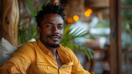 Focused African man at home looking out window visualizing success. Concept Success Visualization, Determination, African Man, Home Setting, Window Gazing