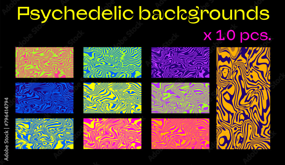 Aufkleber big set of psychedelic neon backgrounds with wavy op-art pattern.