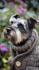 A small dog is wearing a sweater and looking at the camera