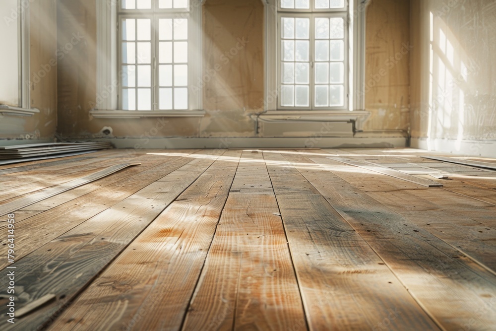 Poster A simple image of a wooden floor in an empty room with windows. Suitable for interior design concepts