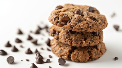 Fototapeta premium Health-focused comfort food, whole wheat chocolate chip cookies with dark chocolate chips, less sugar, isolated on white, studio lighting
