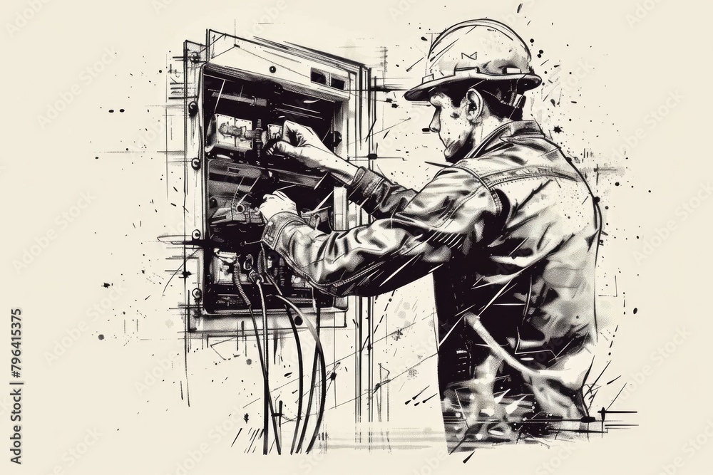Poster a black and white drawing of a man working on an electrical panel. suitable for technical and indust