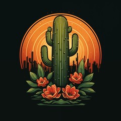 Stylized Illustration of a Cactus with Blooming Flowers Against a Sunset or Sunrise