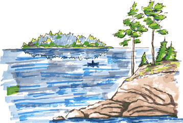 Rocky lake shore with pines. North landscape. Hand drawing sketch with markers. - obrazy, fototapety, plakaty