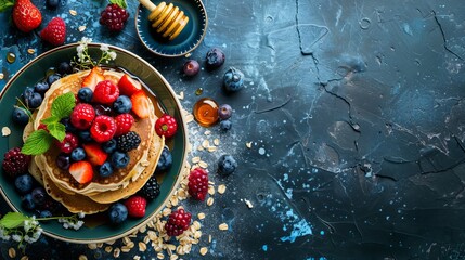 Gourmet top view of hearty pancakes made with oats, served with fresh berries and a hint of honey, health-focused, on an isolated background