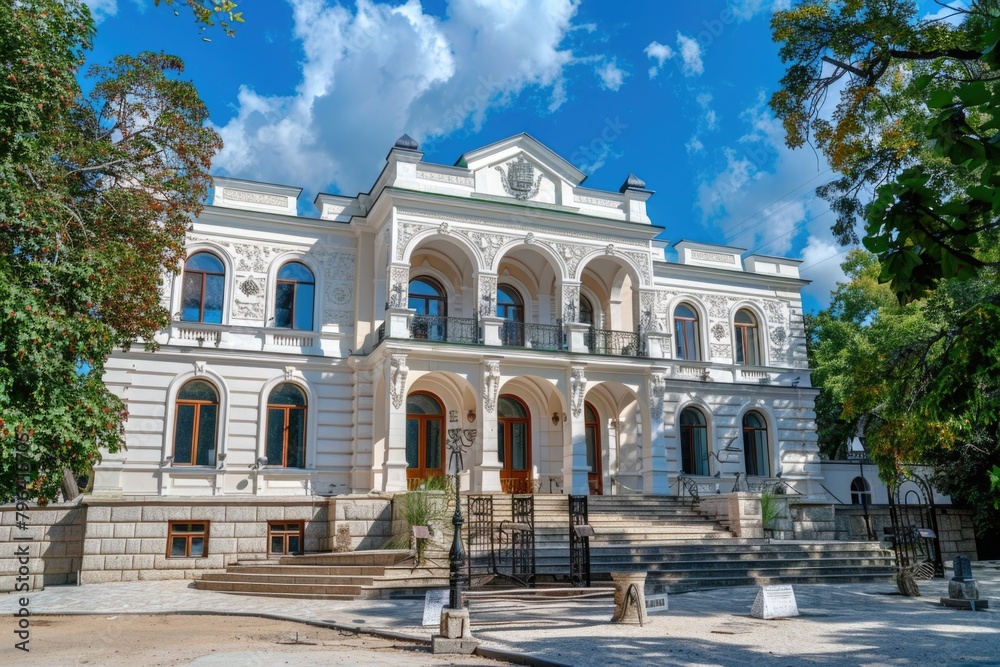 Poster A large white building with a prominent clock on the front facade. Suitable for architectural themes