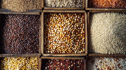 Detailed top view of a vibrant selection of whole grains, rich in essential vitamins, featuring quinoa, barley, and bulgur, ideal for healthy lifestyle ads