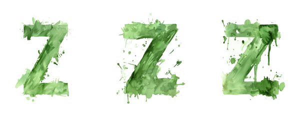 Ai Generated Art Watercolor Set of Multiple Different Pastel Sage Green Capital Z Letters On a White Background