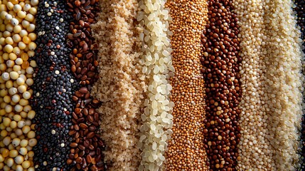 Detailed top view of a vibrant selection of whole grains, rich in essential vitamins, featuring quinoa, barley, and bulgur, ideal for healthy lifestyle ads