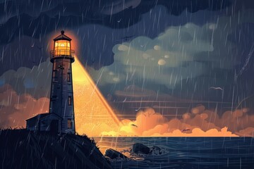 A picturesque painting of a lighthouse in the rain. Suitable for various design projects