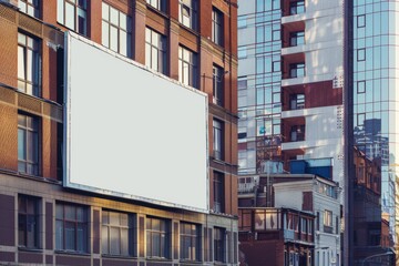 A blank white billboard mockup in front of an urban cityscape,