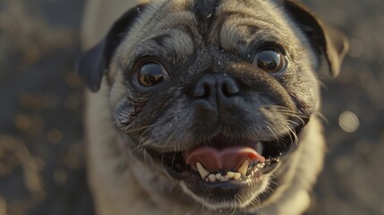 Adorable pug dog looking up at the camera. Suitable for pet lovers