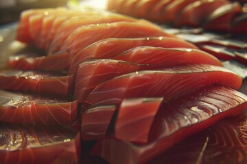 Freshly sliced salmon on a cutting board, perfect for food blogs - obrazy, fototapety, plakaty
