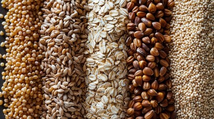 Obraz premium Detailed close-up of fiber-rich whole grains, including bulgur and oats, arranged to showcase their health benefits, ideal for nutritional advertising, isolated background
