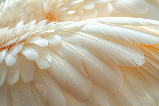 Natural, white feather and texture with light for creativity, wallpaper and screensaver with pattern. Closeup, dove or bird wings for decoration, aesthetic and angel or shape for artistic detail