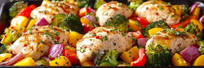 Grilled chicken breast served with seasonal garden vegetables for a wholesome meal