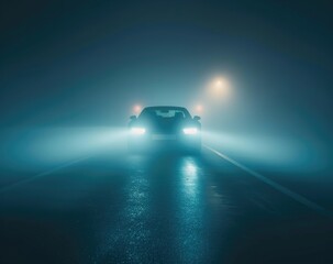 A car driving on the road in foggy weather at night.