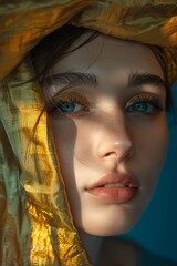 beautiful woman with gold colour bacground mixed with blue, shadows from Sun rays, soft atmosphere,...