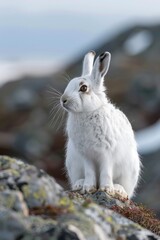 A white rabbit sitting on top of a rock. Suitable for nature or animal themed designs