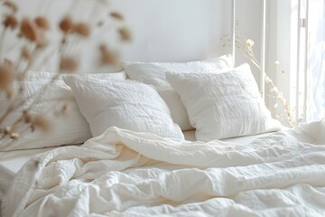 White Bedding and Pillows in a Disarray. Concept Bedroom Decor, Interior Design, Cozy Home, Messy Bed, Comfortable Linens