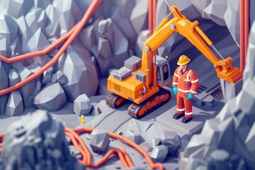A construction worker standing in front of a construction machine. Suitable for construction and industrial concepts