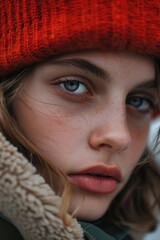 A close-up shot of a person wearing a red hat. Suitable for various concepts