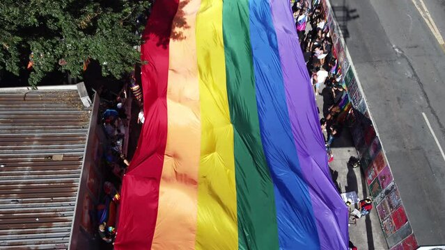 aerial view of the 27th LGBT+ Pride Parade. Avenida Paulista, in São Paulo, Brazil, on June 11, 2023