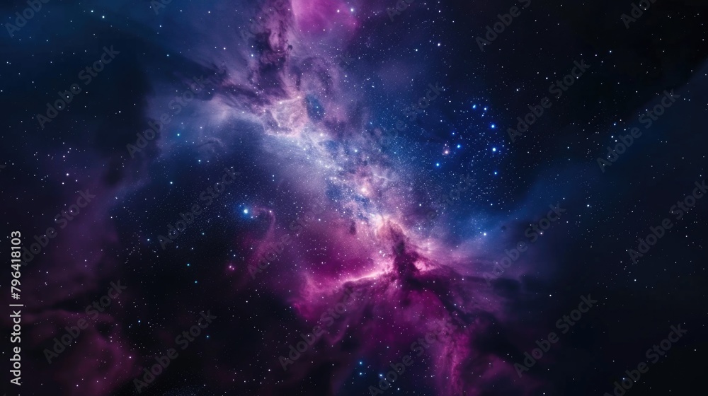 Poster a stunning purple and blue nebula with stars in the background. perfect for astronomy and space-rela
