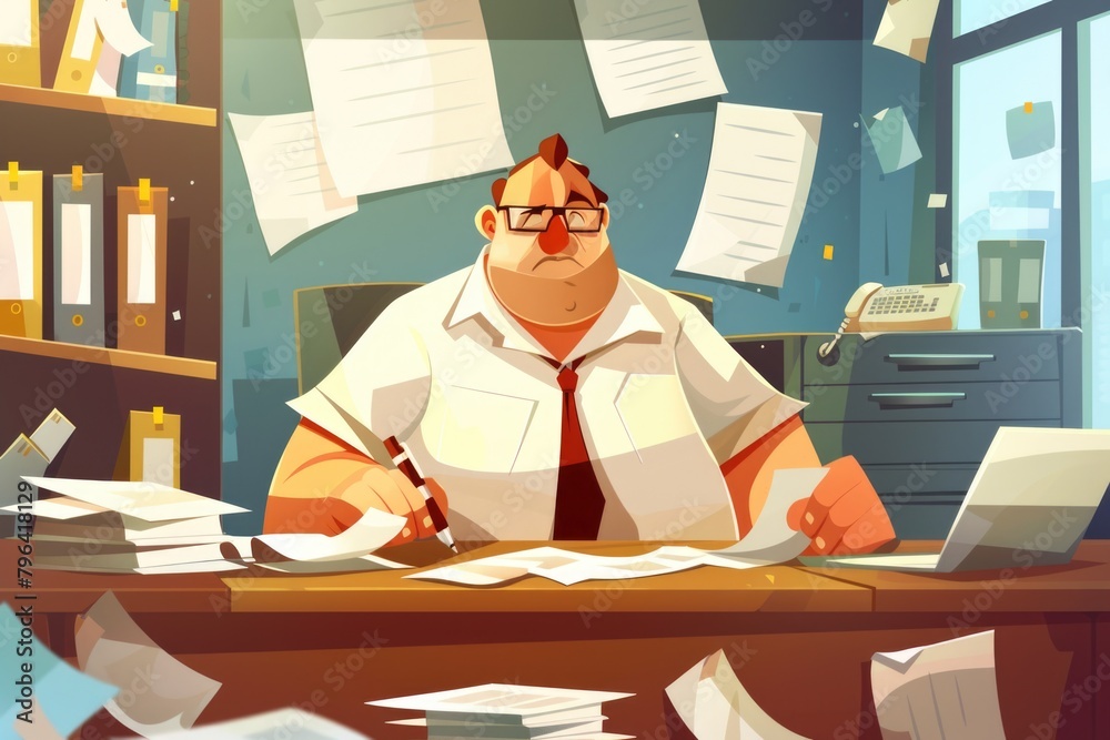 Aufkleber a man sitting at a desk surrounded by flying papers. suitable for business and office concepts