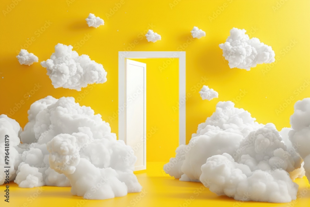 Poster A surreal open door surrounded by clouds on a yellow background. Suitable for various concepts and designs