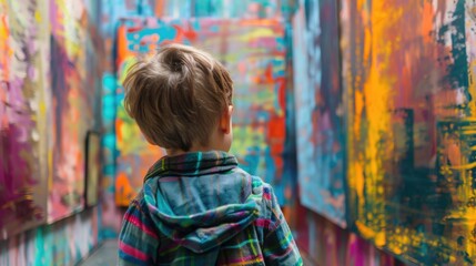 A little boy looking at colorful paintings in an art gallery or museum.