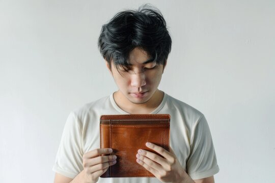 A man holding a wallet and looking at it. Suitable for finance concepts