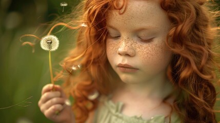 A little girl with red hair blowing on a dandelion flower.