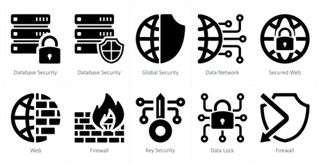 A set of 10 Security icons as database security, global security, data network