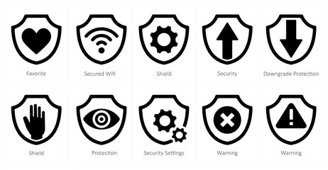 A set of 10 Security icons as favorite, secured wifi, shield, security - obrazy, fototapety, plakaty