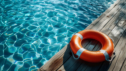 Bright orange lifebuoy on wooden dock beside sparkling blue pool water
