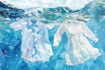 Clothing items floating in water, suitable for fashion or laundry concepts