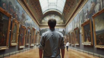 A man looks at the paintings of an old museum. - obrazy, fototapety, plakaty