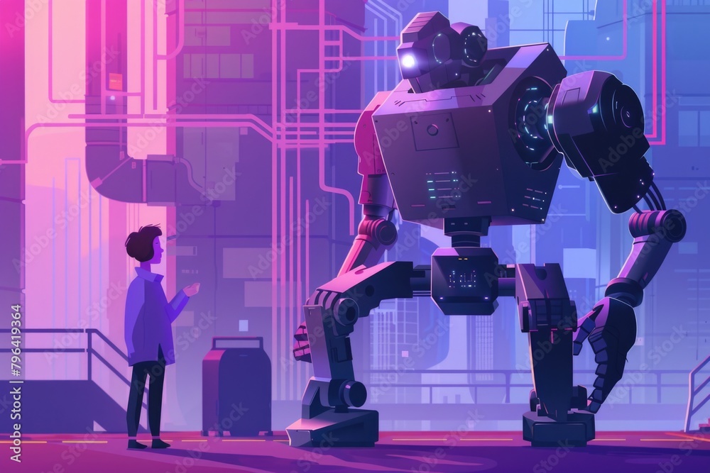 Aufkleber A man standing in front of a towering robot, suitable for sci-fi or technology concepts