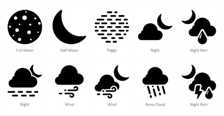 A set of 10 Weather icons as full moon, half moon, foggy - obrazy, fototapety, plakaty