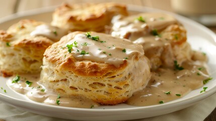 Delicious and healthy biscuits with gravy, using whole wheat biscuits, chicken sausage, and low-fat milk, prepared with less butter, isolated, studio lighting