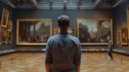 A man looks at the paintings of an old museum. - obrazy, fototapety, plakaty