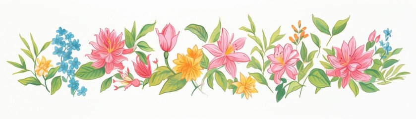 A row of various flowers including pink, yellow, orange, and blue flowers with green leaves on a white background.